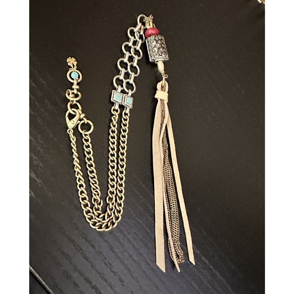 Lucky Brand Two Tone Metal and Leather Tassel Necklace